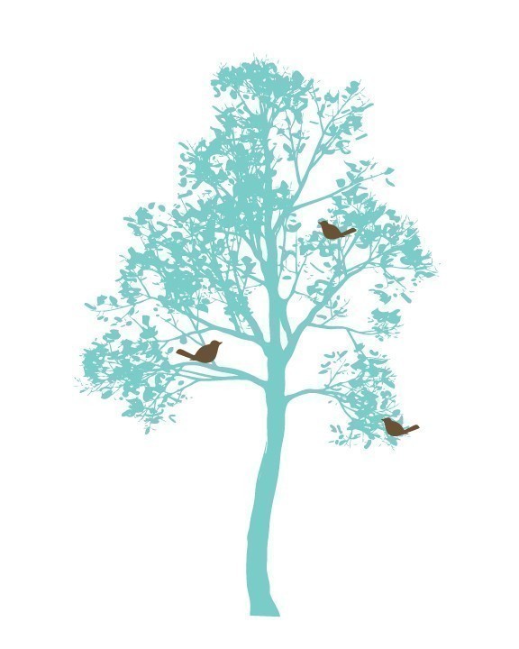 cheerful chocolate brown birds in a blue tree silhouette art piece.